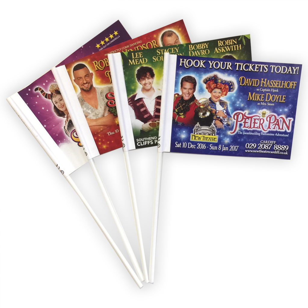 A selection of theatre flags in an array.
