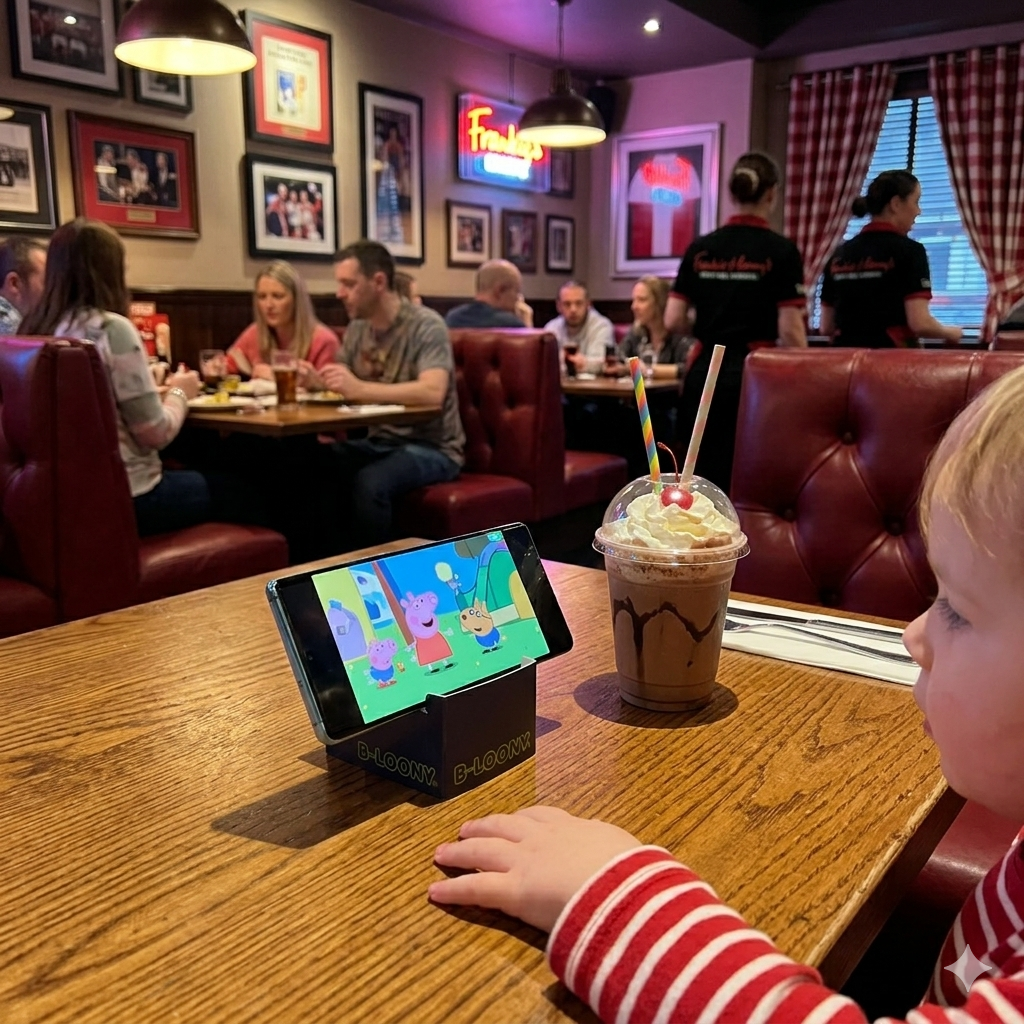 Cardboard Phone Stands for Casual Dining Restaurants A child watching a on a phone, the phone is on a branded card phone stand. The scene is a casual dining restaurant.