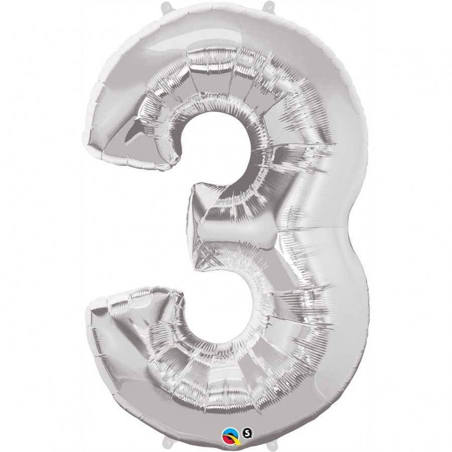 Giant Number 3 Foil Balloon Silver