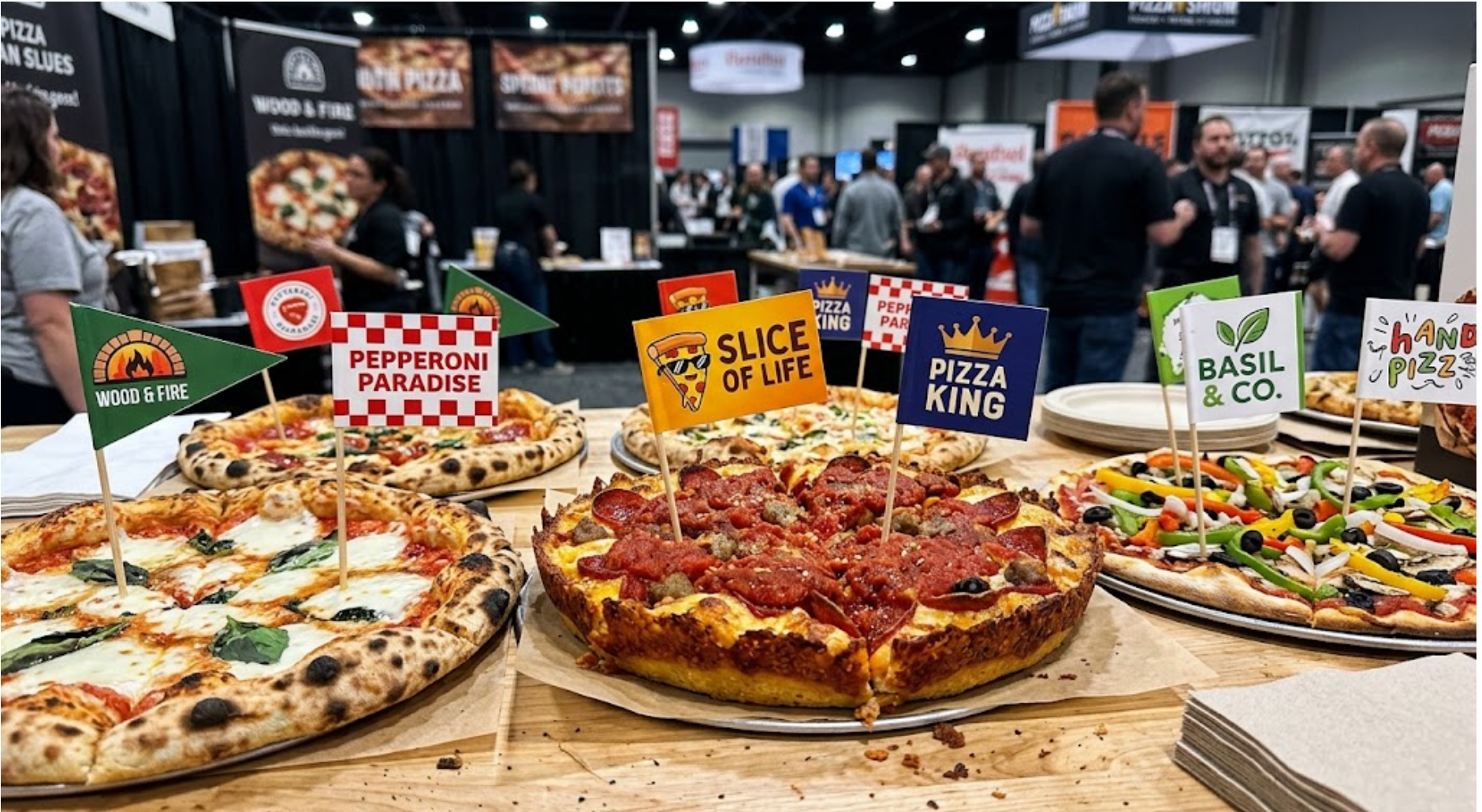 Various whole pizzas displayed on wooden tables at a food expo, each labeled with colorful mini food flags featuring names like "Pepperoni Paradise," "Slice of Life," "Pizza King," and "Basil & Co."
